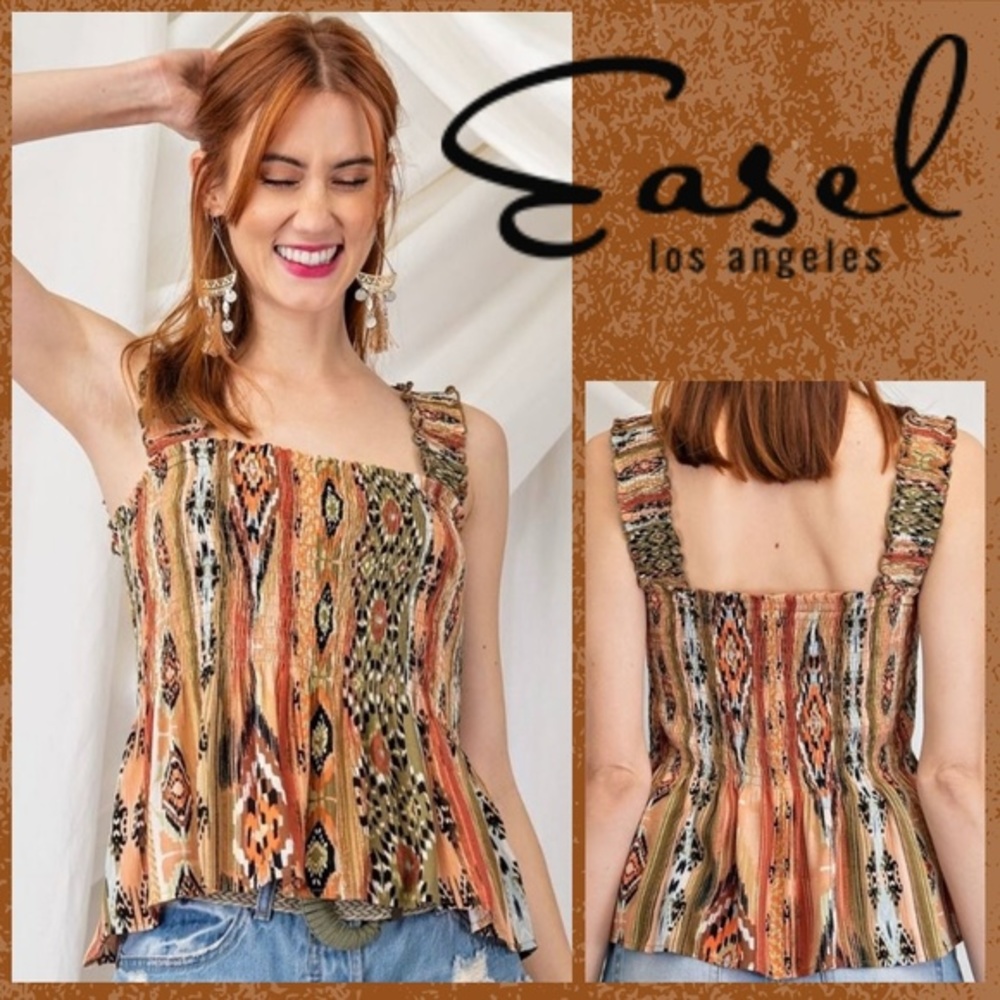 EASEL Smocked Fitted Stretchy Sleeveless Bodice W/Pleated Peplum Aztec Print Top